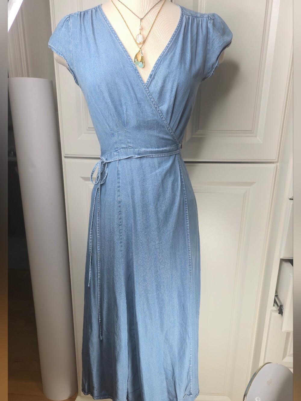 GAP Light Blue Chambray True Wrap Midi Dress
